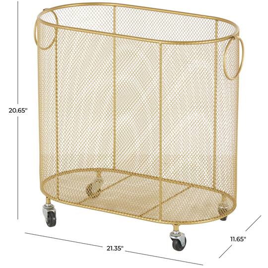 21" Metal Oval Mesh Wire Rolling Laundry Storage Cart with Ring Handles